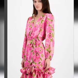 Kelly Grace Floral Print Double Flounce V Neck Mini Dress 10